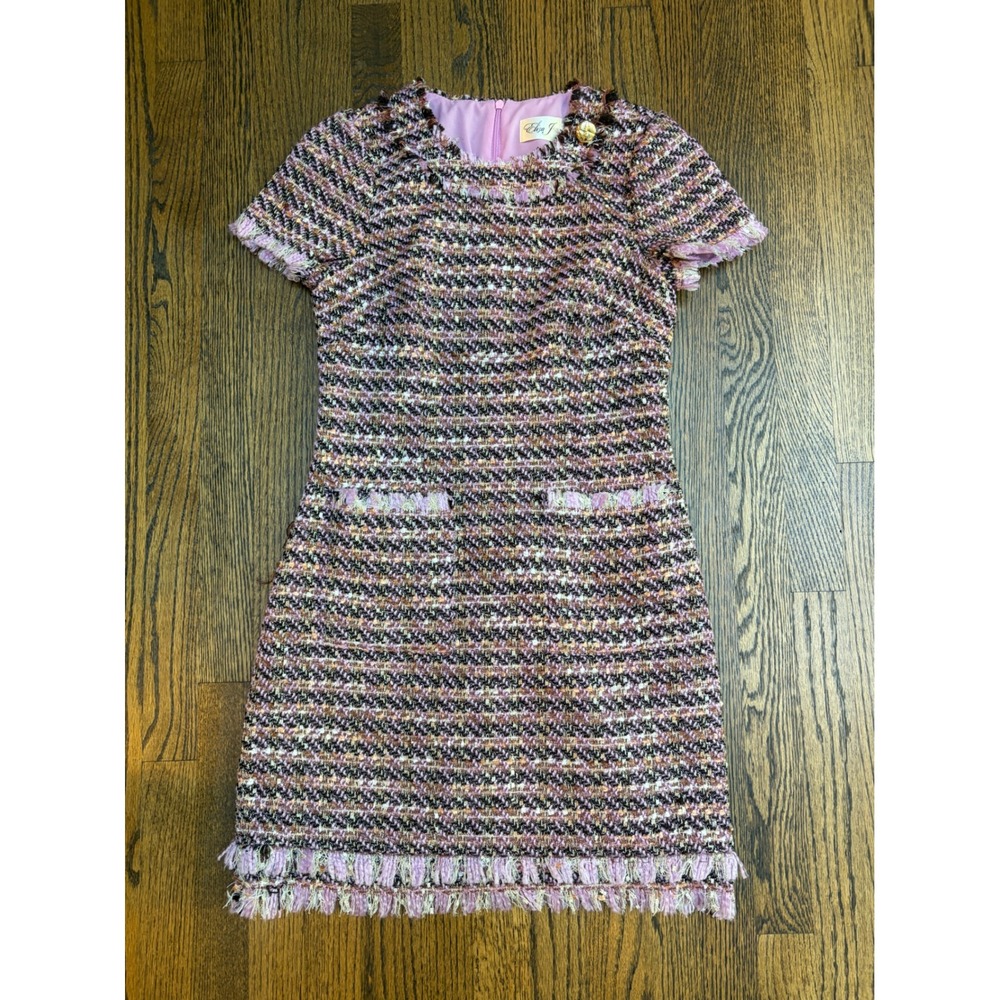 Eliza J Tweed Dress 4 Pink Purple Fringe Gold Buttons Parisian Preppy Luxury
